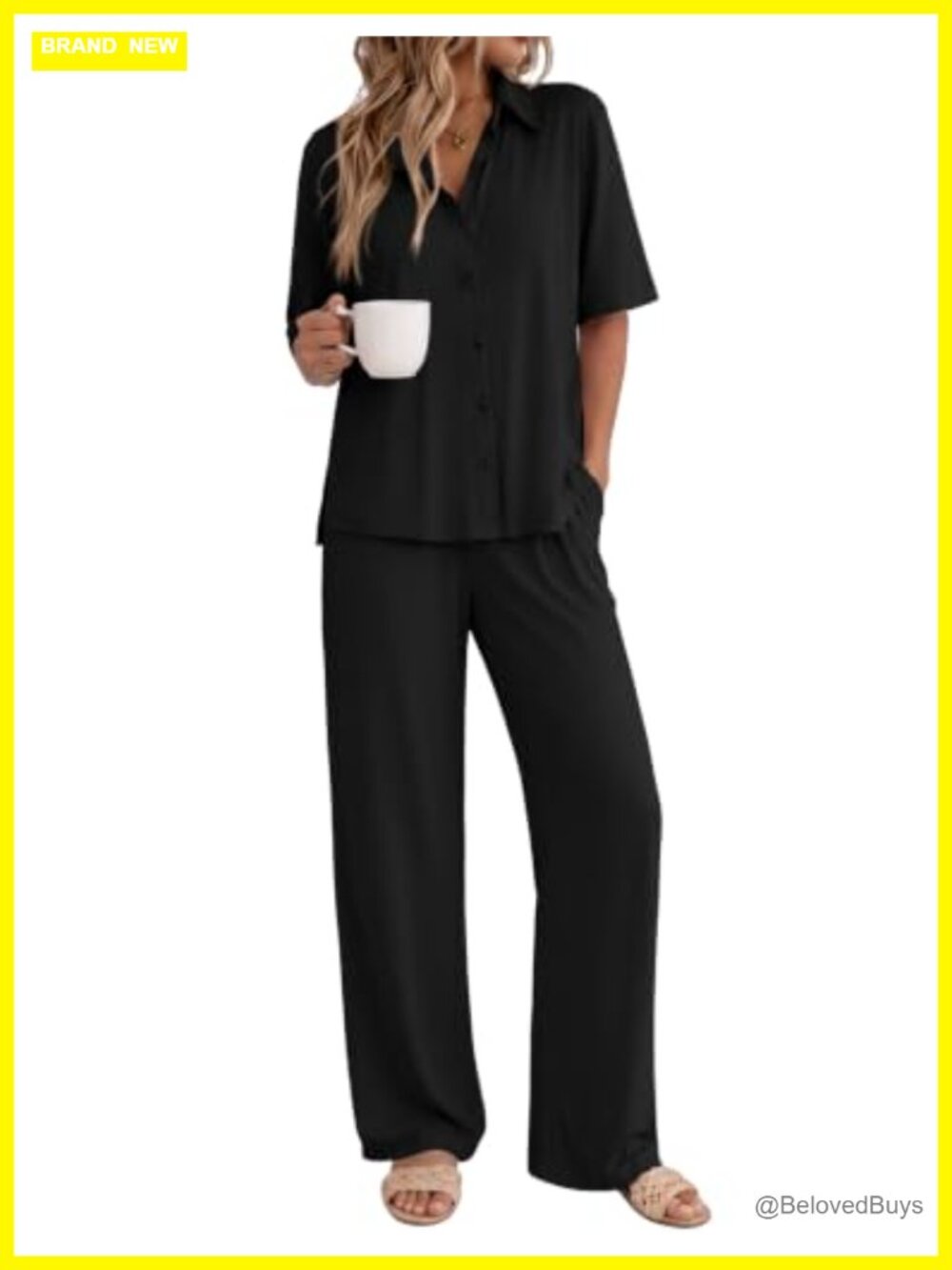 Ekouaer Women's 2-Piece Pajama Set Button Up Short Sleeve Long Pants Sleepwear